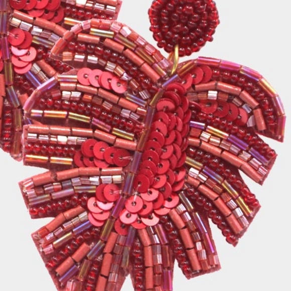 Beaded Burgundy Tropical Leaf Sequin Dangle Earrings Statement Fashion Accessory - Picture 2 of 2